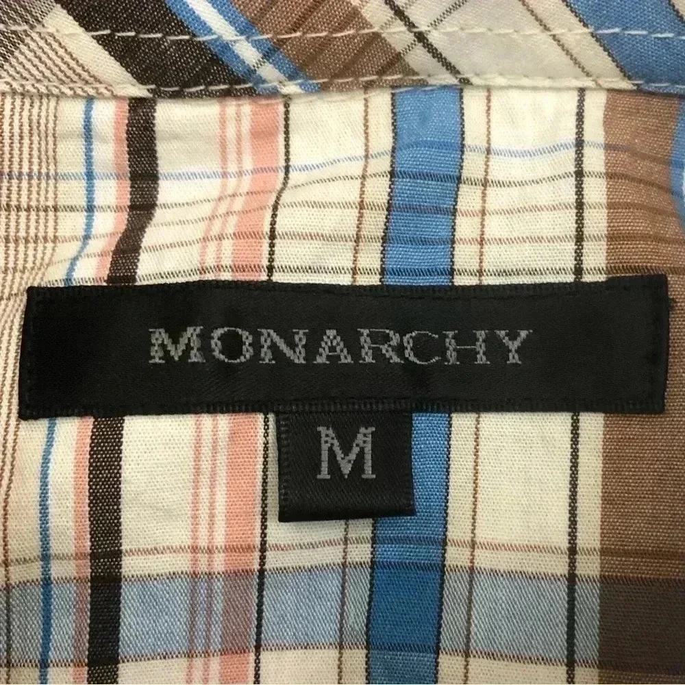 NWT Monarchy Brown Blue Plaid Men’s Long Sleeve Pearl Snap Front Shirt (M)